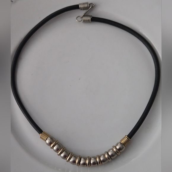 Silvertone Goldtone Black Cord Necklace - Picture 5 of 6